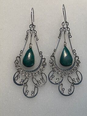 Boho teardrop-shaped wire-wrapped chrysocolla in 3” filigree dangle earrings